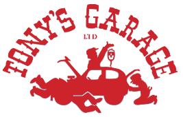 Logo for Tony's Garage. Cartoon mechanics working on a car.